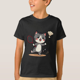 バドミントンおもしろいかわいい猫ラケットシャトルメンズウィメンズ Tシャツ