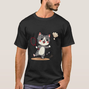 バドミントンおもしろいかわいい猫ラケットシャトルメンズウィメンズ Tシャツ