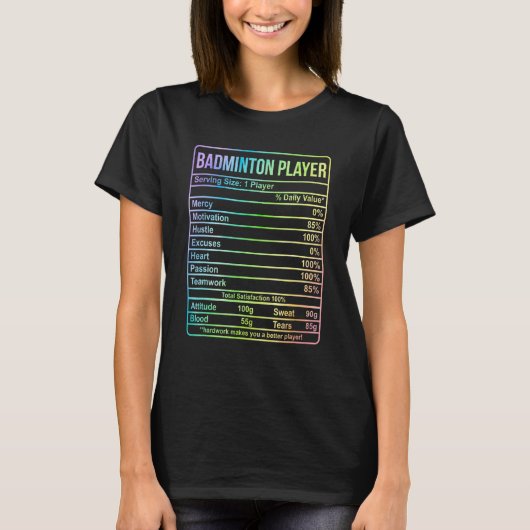 バドミントン選手の情報と栄養の事実 Tシャツ (正面)