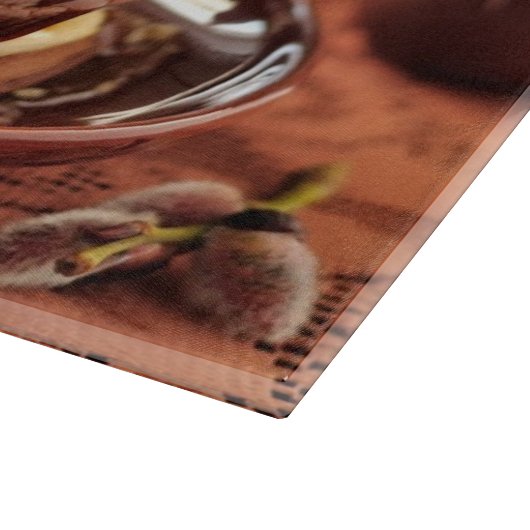 バナナおよびカラメルが付いているチョコレートパンケーキ カッティングボード (角)