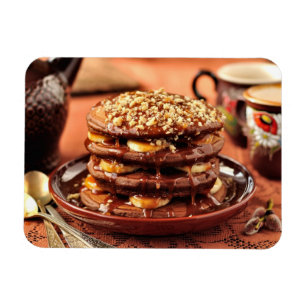バナナおよびカラメルが付いているチョコレートパンケーキ マグネット