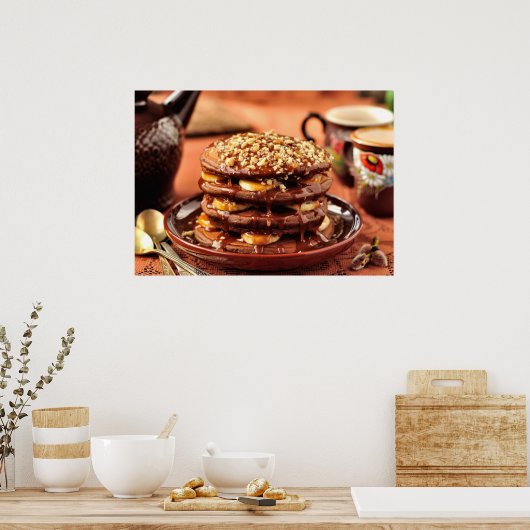 バナナとキャラメルを添えたチョコレートパンケーキ ポスター (キッチン)