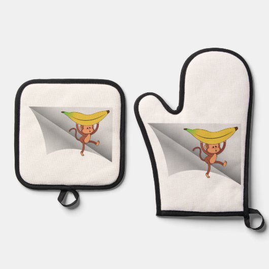 バナナの付いた猿 鍋つかみ&鍋敷きセット (正面)