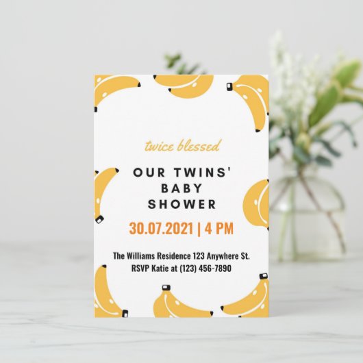 バナナの双子の赤ちゃんシャワーの招待状 案内状 (スタンド正面)