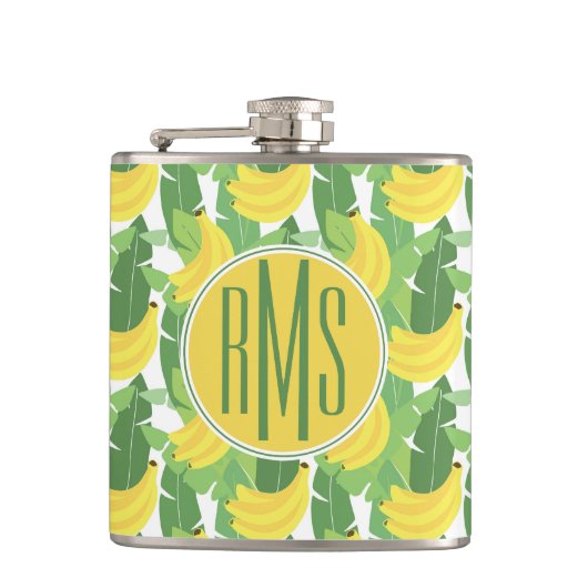 バナナの葉およびフルーツパターン|モノグラム フラスク (正面)