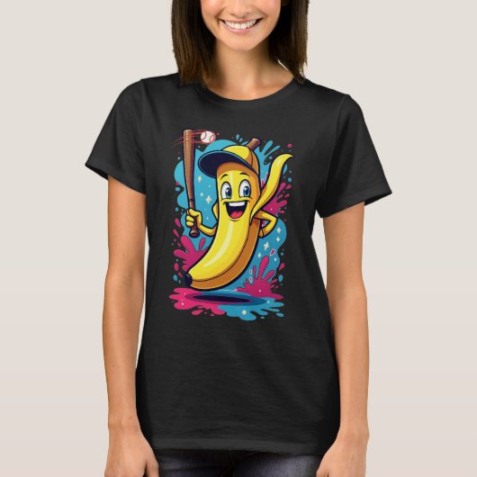 バナナの野球選手の面白いキャラクター – フルーツスポーツ Tシャツ (正面)