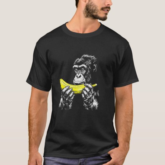バナナを食べるサル アート 楽しいグラフィック Tシャツ (正面)