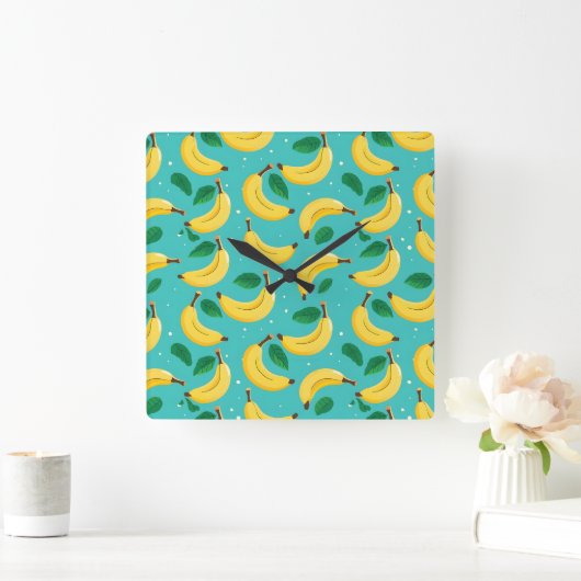 バナナパターン壁時計 スクエア壁時計 (ホーム)