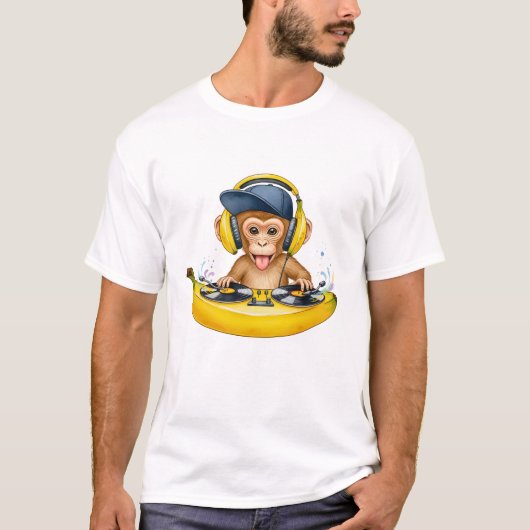 バナナボートのサル - かわいいおもしろデザイン Tシャツ (正面)