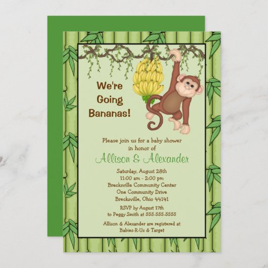 . .バナナモンキージャングルサファリベビーシャワー 招待状 (正面/裏面)