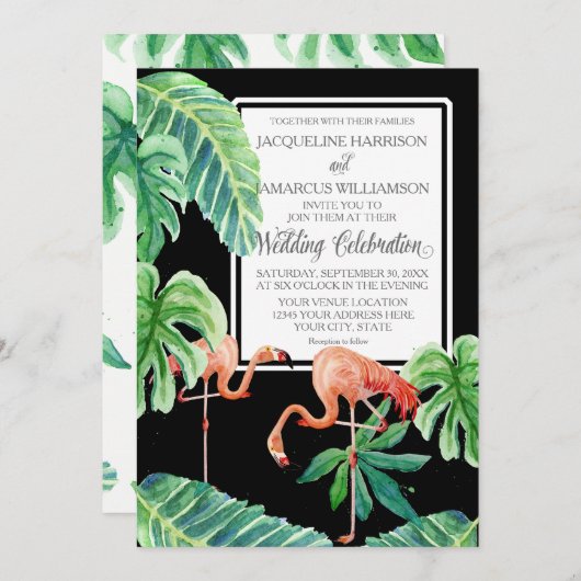 バナナリーフウォーターカラーピンクフラミンゴビーチアート 招待状 (正面/裏面)
