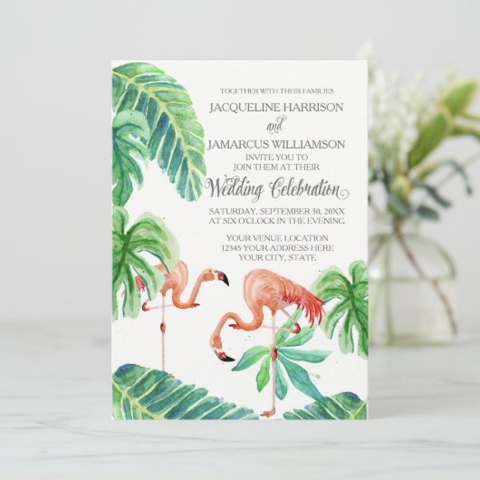 バナナリーフウォーターカラーピンクフラミンゴビーチアート 招待状 (スタンド正面)