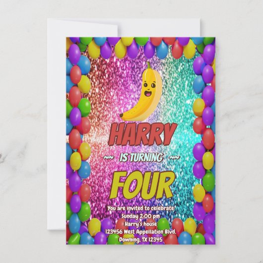 バナナ漫画の誕生日招待状 子供へ 招待状 (正面)