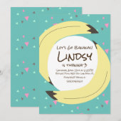バナナ紙吹雪ピンクグリーンティール（緑がかった色）バースデーパーティー 招待状 (正面/裏面)
