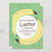 バナナ紙吹雪ピンクグリーン誕生日パーティインビタティ 招待状 (正面/裏面)
