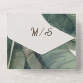 バナナ葉のトロピカルウォーター結婚の色 オールインワン招待状 (裏面)