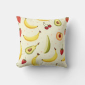 バナナ，イチゴ，さくらんぼ，桃，アボカド模様 クッション (正面)