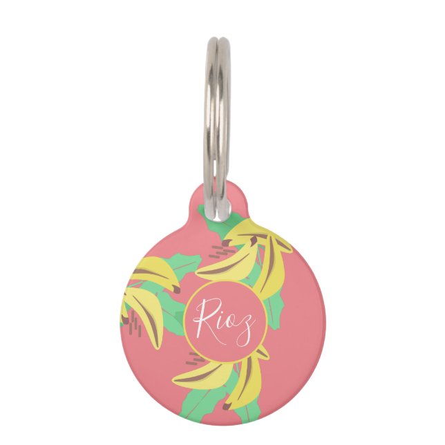 バナナ 緑の模様 ピンク 緑 ペット　ネームタグ (正面)