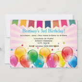 バナーとバルーンのピンクの誕生日パーティー 招待状 (正面)