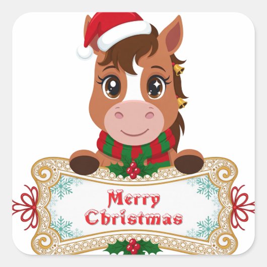 バナーを掲げる幸せなクリスマスの馬 スクエアシール (正面)