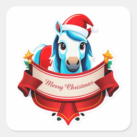 バナーを掲げる陽気なクリスマスの馬 スクエアシール (正面)