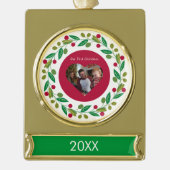 バナーオーナメント – 当社の初めてのクリスマス – 写真/日付 ゴールドプレートバナーオーナメント (正面)