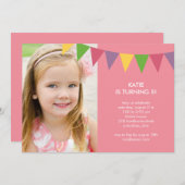バナーカラフルフォト誕生日招待状-ピンク 招待状 (正面/裏面)