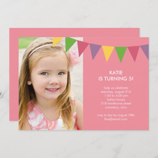 バナーカラフルフォト誕生日招待状-ピンク 招待状 (正面/裏面)
