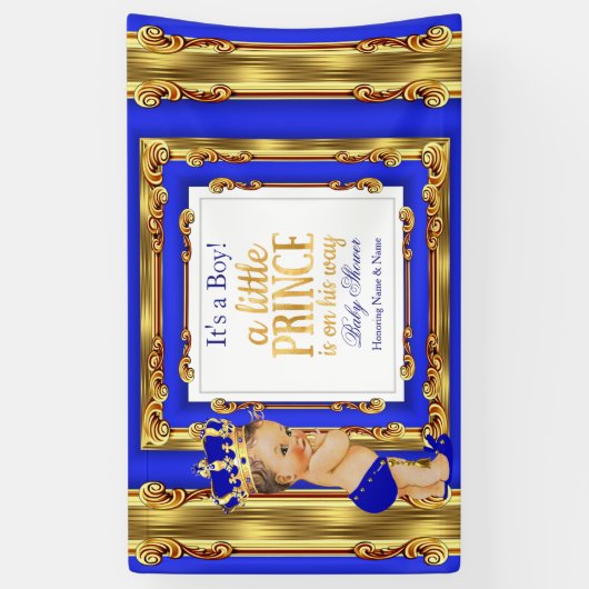 バナープリンスベビーシャワーブルー王室の金ゴールドブルネット 横断幕 (縦)