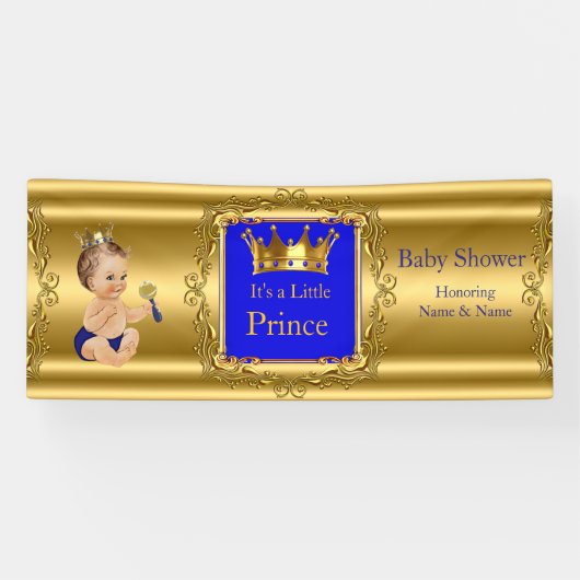 バナープリンスベビーシャワーブルー金ゴールドブルネットベビー 横断幕 (横)