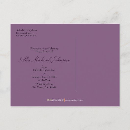 バナー卒業発表はがき（紫） インビテーションポストカード (裏面)