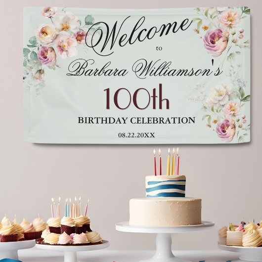 バナー 水彩 花 100歳 誕生日 ウェルカム 横断幕