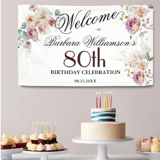 バナー 水彩 花 80歳の誕生日 ウェルカム 横断幕