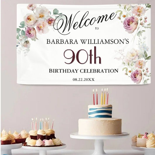 バナー 水彩 花 90歳の誕生日 ウェルカム 横断幕