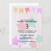 バナー 風船 水彩 1歳の誕生日パーティー 招待状 (正面/裏面)