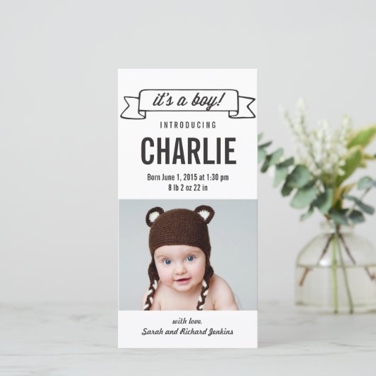 バナ魅力的ー男の赤ちゃんの誕生発表 案内状 (スタンド正面)