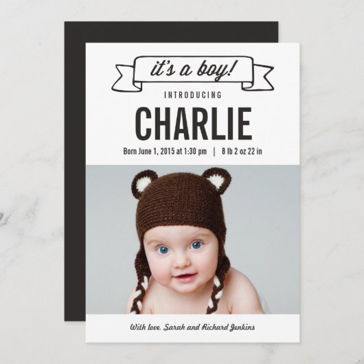 バナ魅力的ー誕生のお知らせ – 少年 案内状 (正面/裏面)