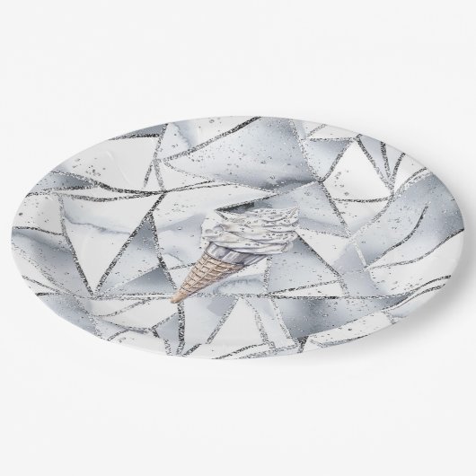 バニラシルバー紙吹雪アイスクリームコーン誕生日 ペーパープレート (アングル)