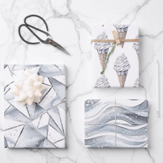 バニラシルバー紙吹雪アイスクリームコーン誕生日 ラッピングペーパーシート (正面)
