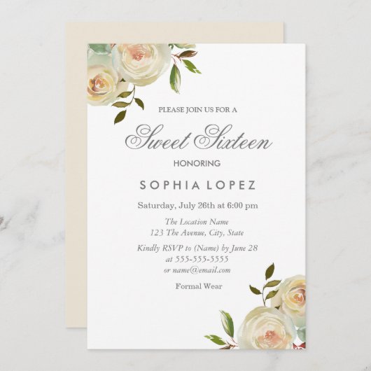 バニラ ホワイト クリーム ローズ エレガント スウィート16 パーティー 招待状 (正面/裏面)
