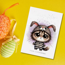 バニーおもしろい衣装パープルハッピーイースターの子猫 箔シーズンカード