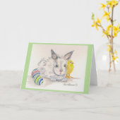 バニーおよびひよこのイースター水彩画カード カード (黄色い花)