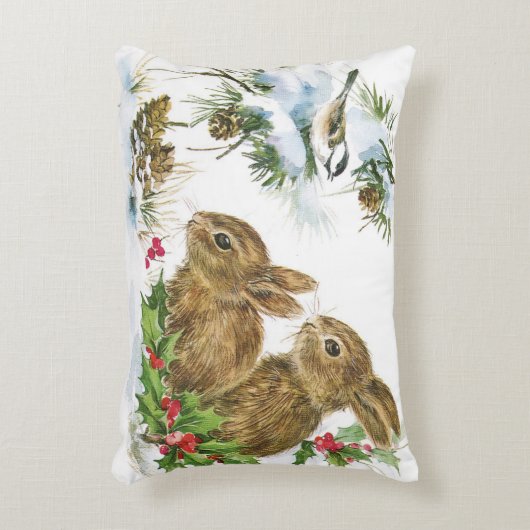 バニーおよび鳥の楽しむな雪のクリスマスの装飾の枕 アクセントクッション (正面(垂直))