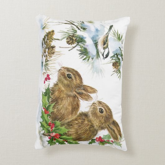 バニーおよび鳥の楽しむな雪のクリスマスの装飾の枕 アクセントクッション (裏面(縦))