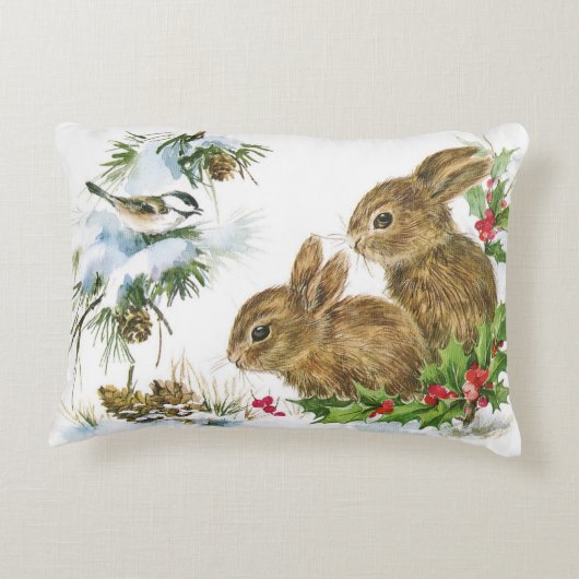 バニーおよび鳥の楽しむな雪のクリスマスの装飾の枕 アクセントクッション (裏面)