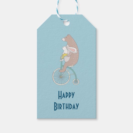 バニーお洒落とクマが一緒に乗る誕生日 ギフトタグ (正面)