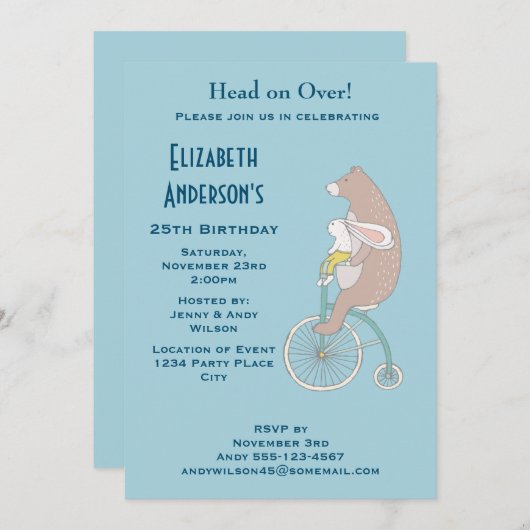 バニーお洒落とクマが自転車に乗る誕生日 招待状 (正面/裏面)