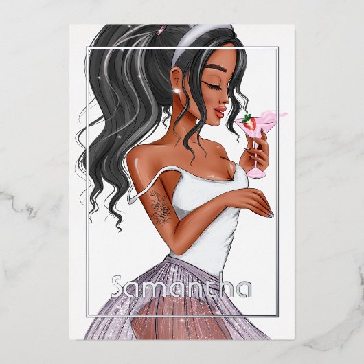 バニーお洒落イースター誕生日カクテルガール 箔招待状 (正面)