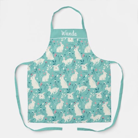 バニーお洒落ラビットティール（緑がかった色）フローラハートデザイン エプロン (正面)