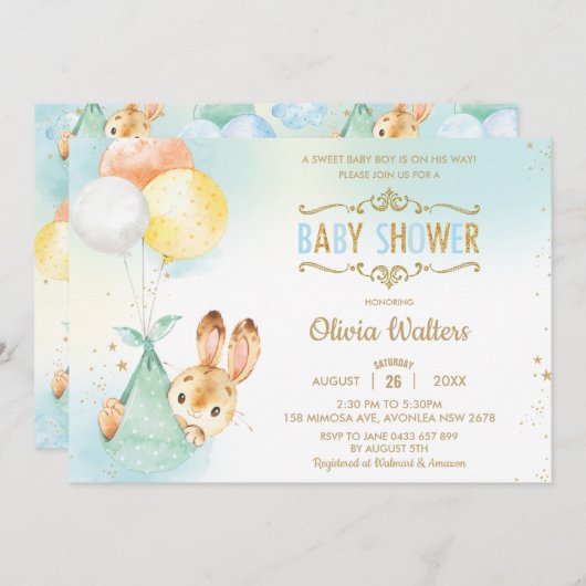 バニーお洒落ラビットバルーン赤ちゃんシャワーボーイ 招待状 (正面/裏面)